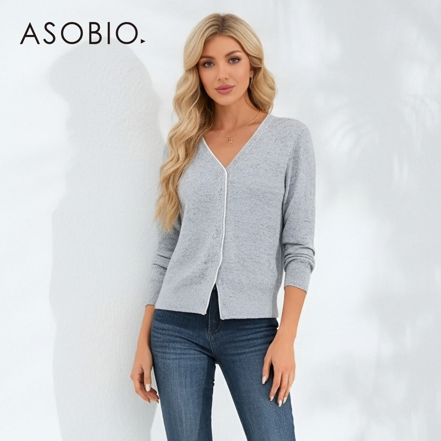 Asobio绵羊毛V领双层撞色开衫女2025冬季新品显瘦打底毛衣外搭210