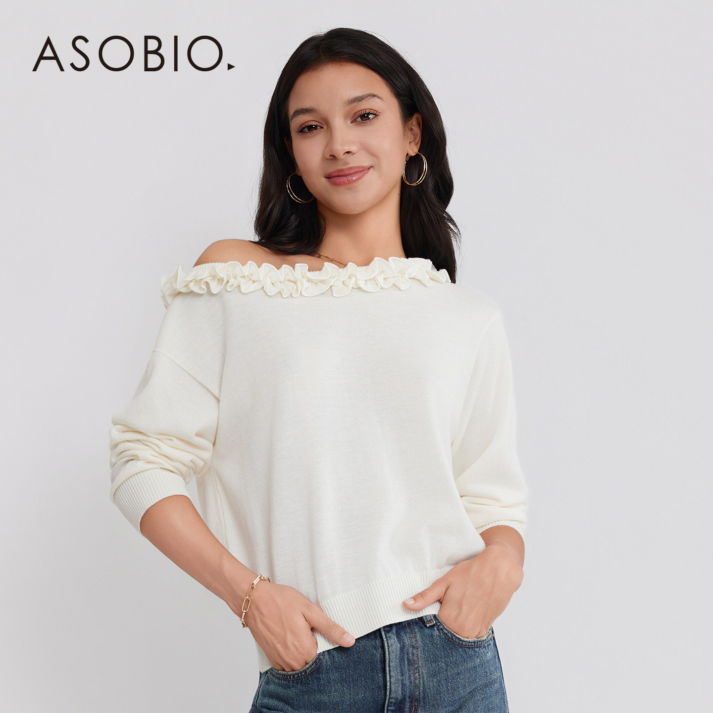 羊毛'Asobio领口荷叶边一字领针织上衣2025秋冬通勤针织衫女316,女装/女士精品,毛针织衫,淘宝优惠券,粉丝福利购,淘宝优惠卷