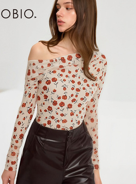 Asobio2026春新品玫瑰印花斜肩长袖修身弹力T恤时尚显瘦上衣466