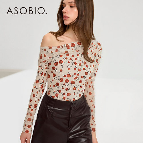 Asobio2026春新品玫瑰印花斜肩长袖修身弹力T恤时尚显瘦上衣466
