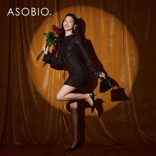 Asobio华丽风彩珠片喇叭袖连衣裙2025冬季新品圣诞性感小礼服434