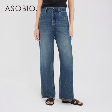 Asobio设计感烫钻工艺高腰直筒牛仔裤2025秋冬通勤长裤裤子女174