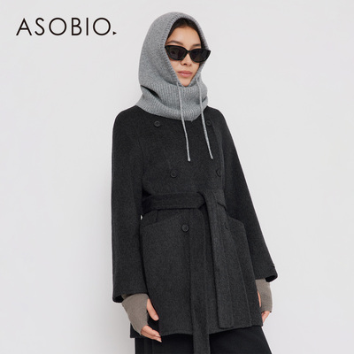 Asobio连帽双排扣绵羊毛混纺毛呢大衣2025冬季新品系带外套女389