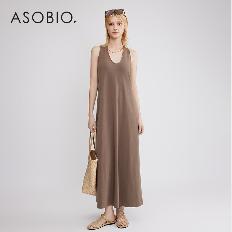 Asobio无袖U领吊带连衣裙女夏季纯色后背扭结垂感度假风长裙女145