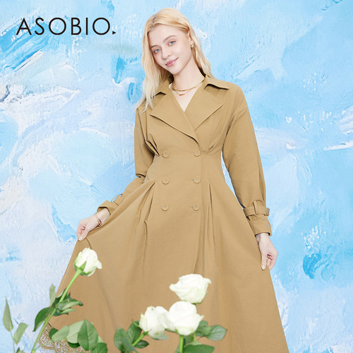 Asobioi春季双排扣长袖女风衣