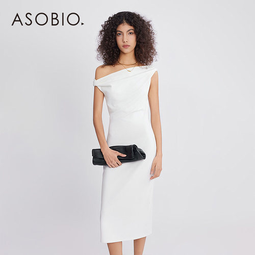 Asobio修身纯御优雅斜肩连衣裙