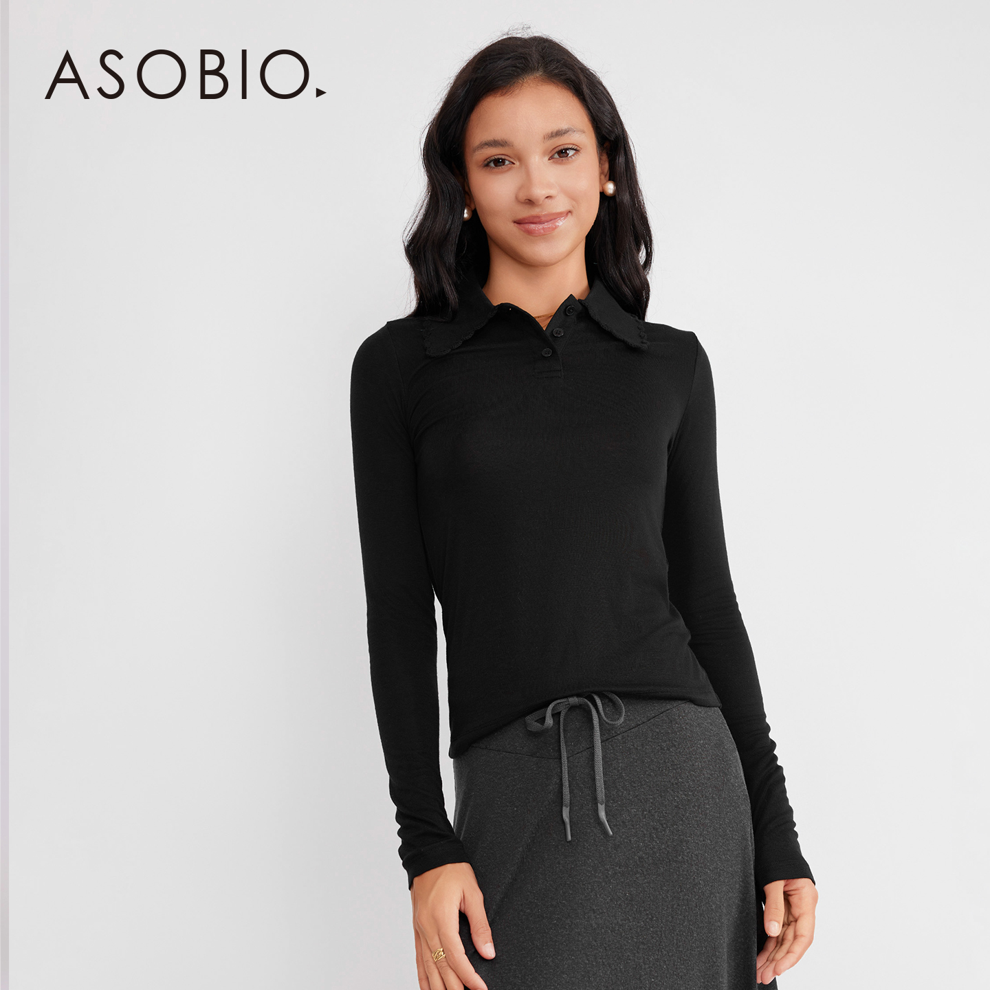 Asobio羊毛POLO领针织衫新品波浪花边领修身简约通勤女装上衣290