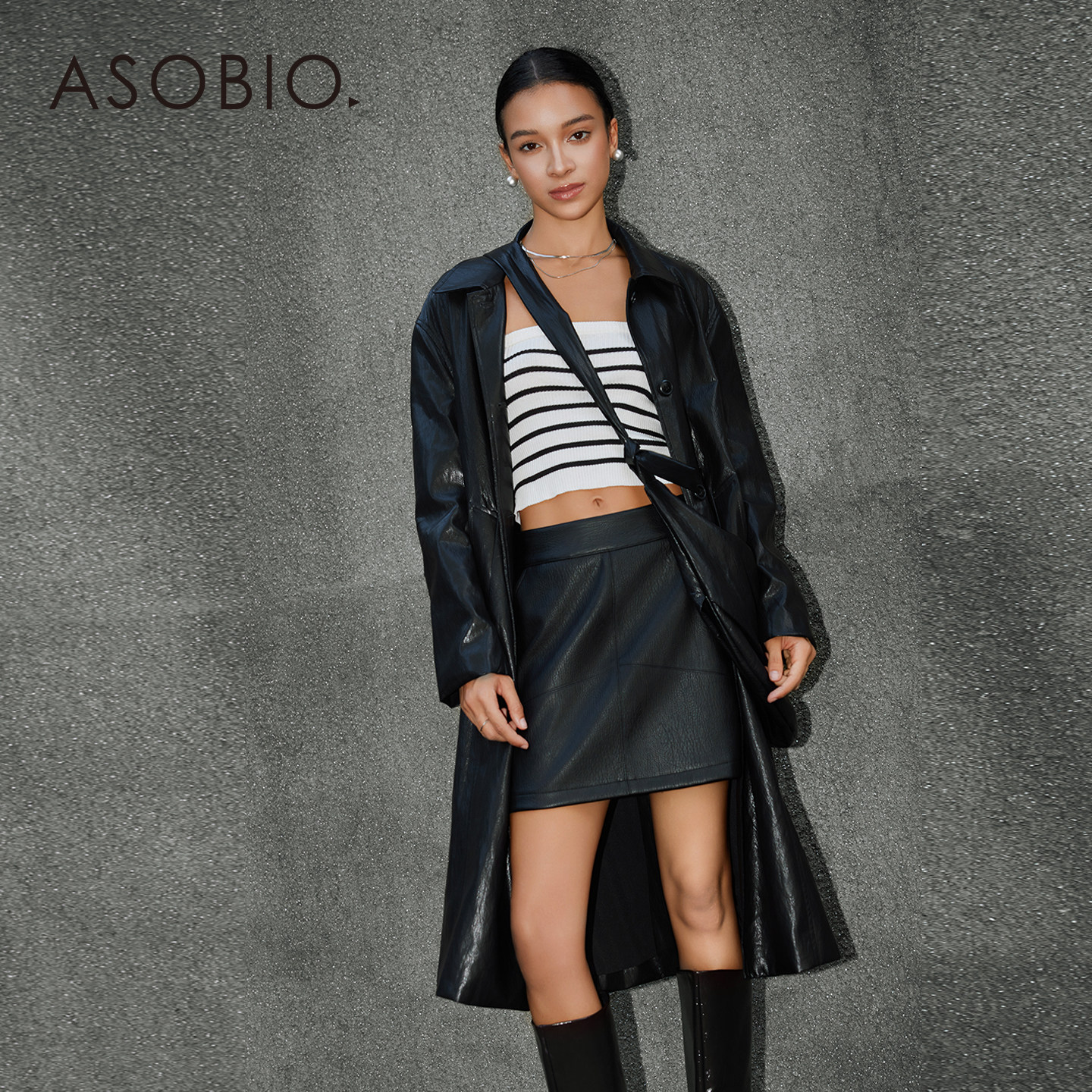 Asobio系带长款率性PU风衣2025秋冬通勤新复古干练长款外套女264