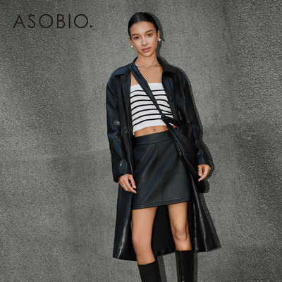 Asobio系带长款率性PU风衣2025秋冬通勤新复古干练长款外套女264