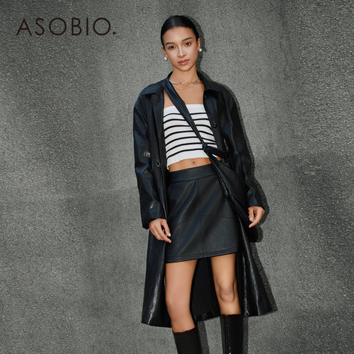 Asobio系带长款率性PU风衣2025秋冬通勤新复古干练长款外套女264