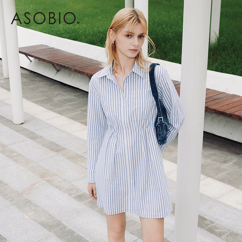 Asobio设计感条纹衬衫连衣裙2025秋冬新品时尚气质通勤裙装女158
