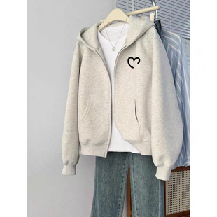 白灰色连帽卫衣女秋冬休闲宽松长袖拉链开衫加绒加厚短款外套上衣