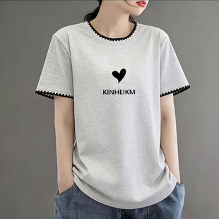 显瘦撞色圆领体恤设计感小众洋气别致上衣 修身 正肩短袖 t恤女夏季