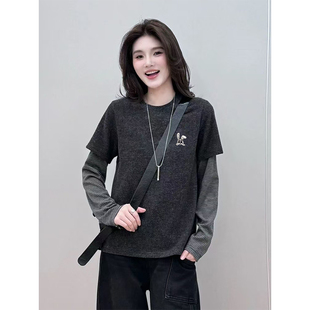 宽松内搭打底衫 韩版 兔子印花上衣 t恤女春秋季 拼接条纹假两件长袖