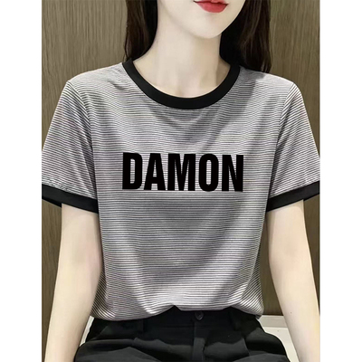 撞色条纹短袖t恤女士2026夏季字母印花宽松大码圆领打底衫上衣潮