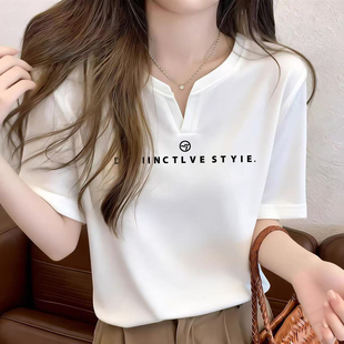 体恤衫 v领短袖 半袖 宽松大码 字母印花纯棉正肩显瘦上衣 白t恤女夏季