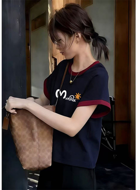圆领短袖t恤女2026夏季新款字母印花修身半袖体恤打底衫撞色上衣