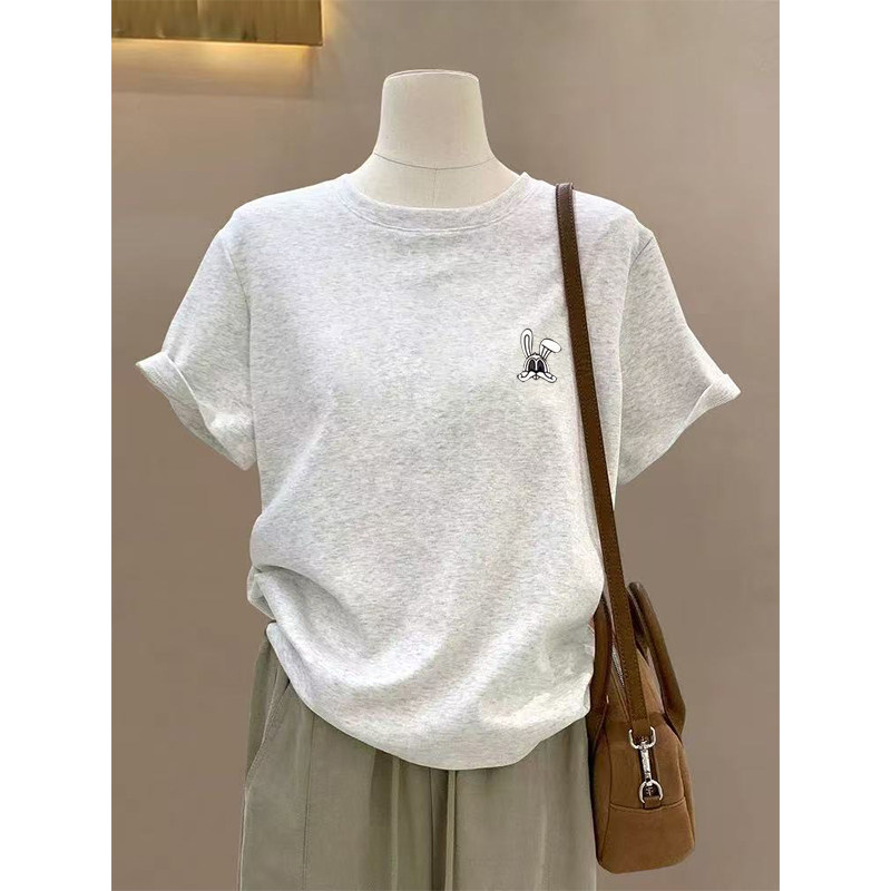 白灰色正肩短袖t恤女士夏季韩版修身显瘦体恤衫小兔子印花上衣ins