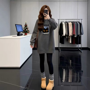 深灰色卫衣女秋冬加绒加厚韩版 遮屁股上衣ins 卡通印花宽松中长款