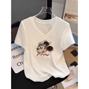 韩版 夏季 半袖 宽松大码 卡通印花上衣 纯棉白色v领短袖 体恤衫 t恤女装