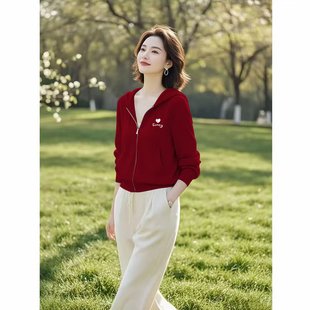 外套上衣 加绒加厚短款 红色连帽卫衣女装 秋冬宽松休闲百搭拉链开衫