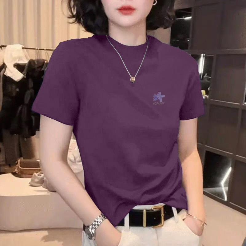 正肩短袖t恤女装夏季修身显瘦圆领体恤洋气印花休闲百搭上衣ins潮