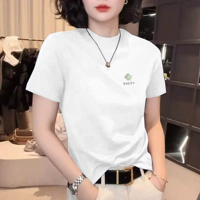 正肩白色短袖t恤女装2025夏季修身显瘦圆领印花体恤洋气减龄上衣