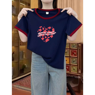 显瘦小衫 修身 爱心印花体恤撞色拼接圆领上衣 t恤女士夏季 正肩短袖