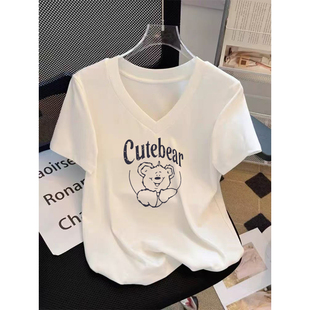 t恤女士夏季 体恤衫 新款 半袖 卡通印花上衣 宽松大码 纯棉白色v领短袖