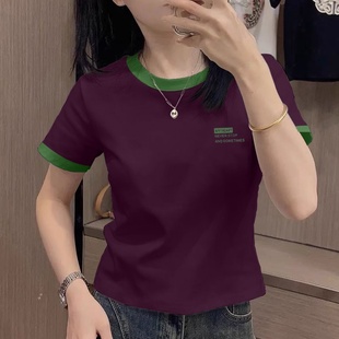 显瘦正肩体恤洋气字母印花上衣 撞色圆领短袖 t恤女士夏季 修身 半袖
