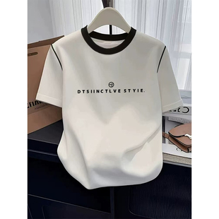 体恤衫 白色正肩短袖 显瘦撞色圆领半袖 修身 字母印花上衣 t恤女夏季