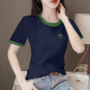 显瘦小众字母印花体恤撞色圆领小衫 正肩短袖 修身 t恤女装 上衣 夏季