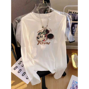 上衣 纯棉打底衫 正肩长袖 白t恤女士春秋洋气减龄印花内搭宽松大码