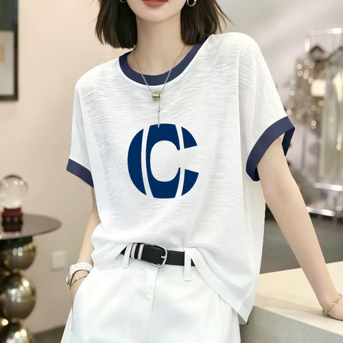 圆领撞色拼接竹节棉短袖t恤女2026夏季字母休闲印花纯棉上衣ins潮