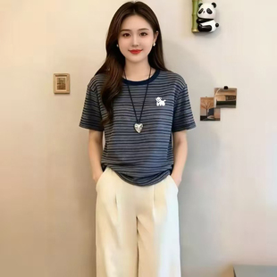 体恤衫 撞色条纹圆领短袖 宽松显瘦半袖 韩版 小狗印花上衣 t恤女夏季