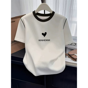 显瘦撞色圆领印花体恤洋气小众上衣 修身 正肩白色短袖 t恤女士夏季