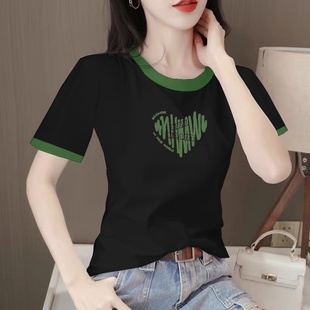 显瘦正肩体恤洋气别致爱心印花上衣 拼色圆领短袖 t恤女装 夏季 修身