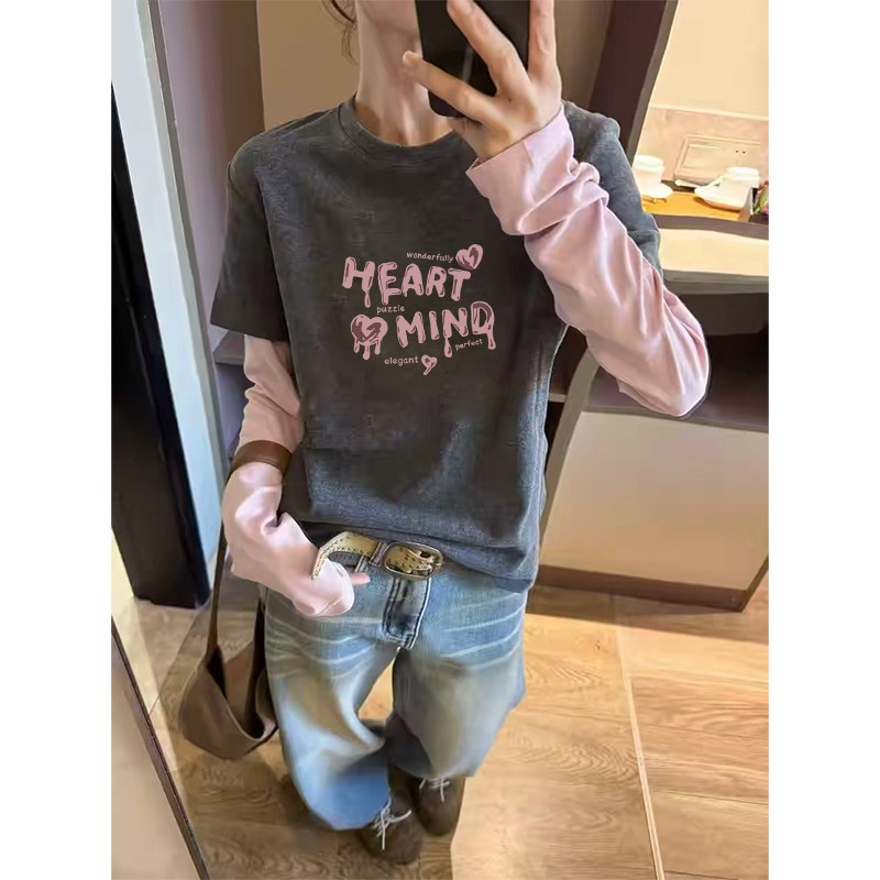 撞色拼接假两件长袖t恤女春秋季字母印花内搭宽松纯棉打底衫上衣,女装/女士精品,T恤,淘宝优惠券,粉丝福利购,淘宝优惠卷