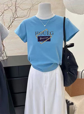 海蓝色正肩短袖t恤女士夏季圆领体恤修身显瘦时尚洋气印花上衣ins