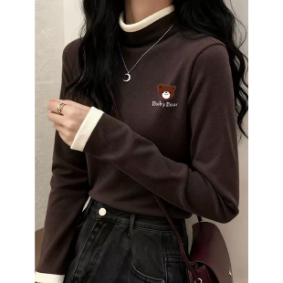t恤卡通小熊上衣ins 内搭半高领撞色长袖 德绒保暖打底衫 女秋冬修身
