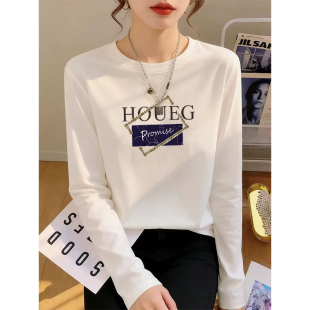 洋气纯棉打底衫 正肩长袖 内搭时尚 宽松大码 上衣ins 白t恤女春秋韩版