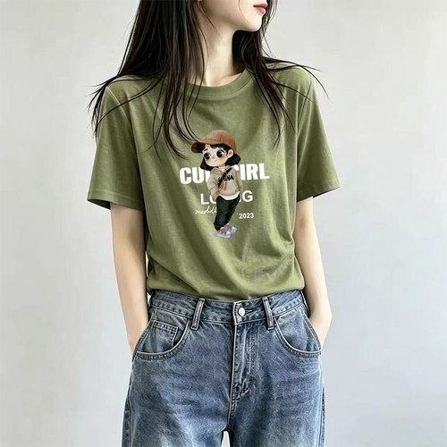 2026夏季青苔绿圆领短袖t恤女装雪花棉百搭印花半袖体恤宽松上衣