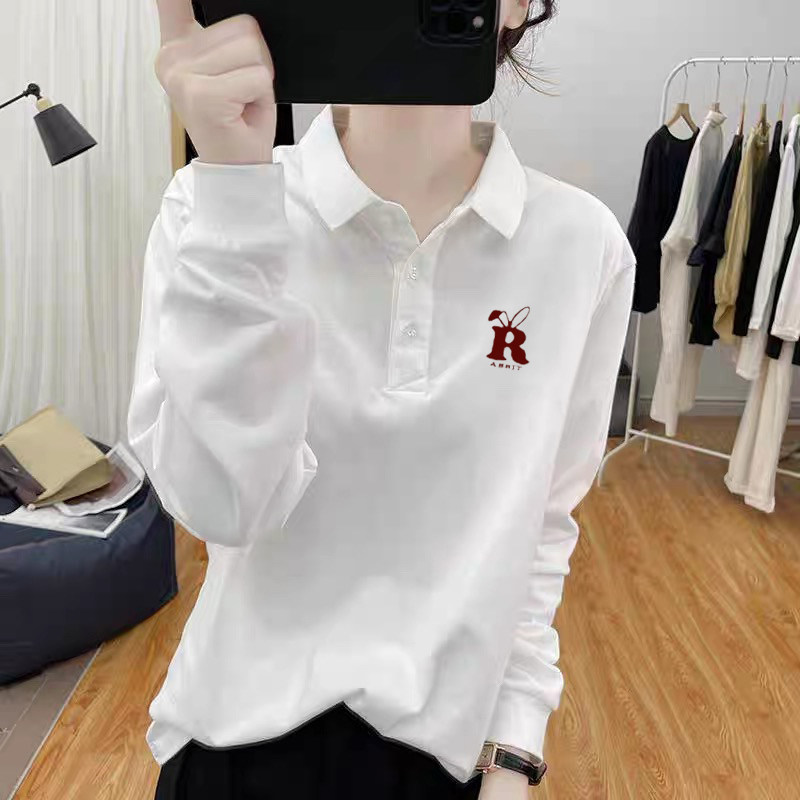 纯棉白色长袖t恤女春秋宽松休闲内搭休闲polo翻领打底衫正肩上衣