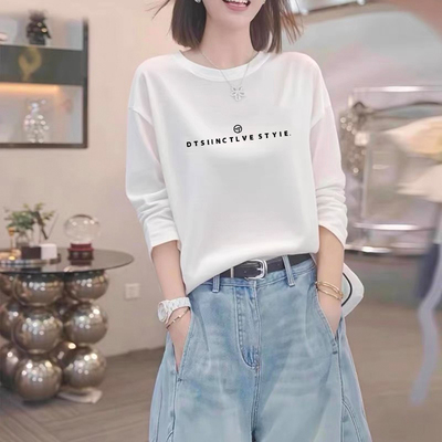 正肩白色长袖t恤女装春秋季韩版宽松休闲纯棉打底衫百搭洋气上衣