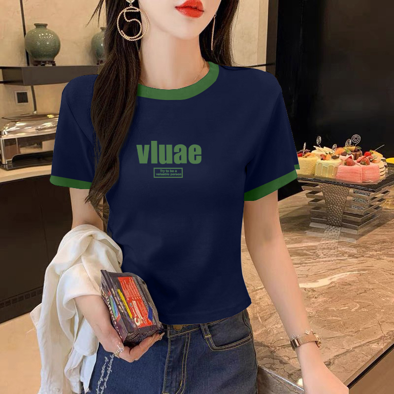 正肩短袖t恤女士夏季修身圆领显瘦半袖体恤字母印花撞色圆领上衣