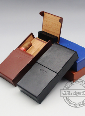 包邮 法国CREDO克雷多雪茄套 三位香柏木牛皮便携盒 带加湿雪茄套