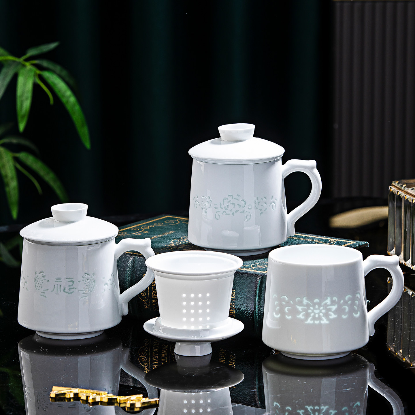 景德镇陶瓷白色玲珑高温釉下瓷过滤茶杯办公带盖茶具套装送礼茶杯