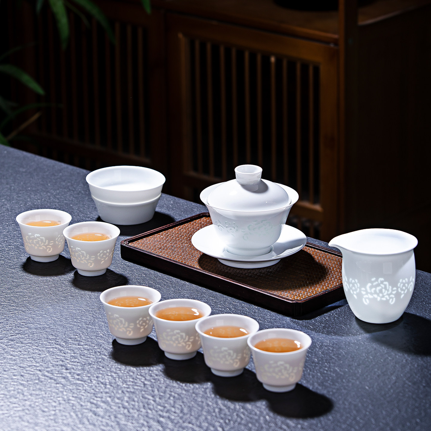 新中式玲珑白瓷功夫茶具套装