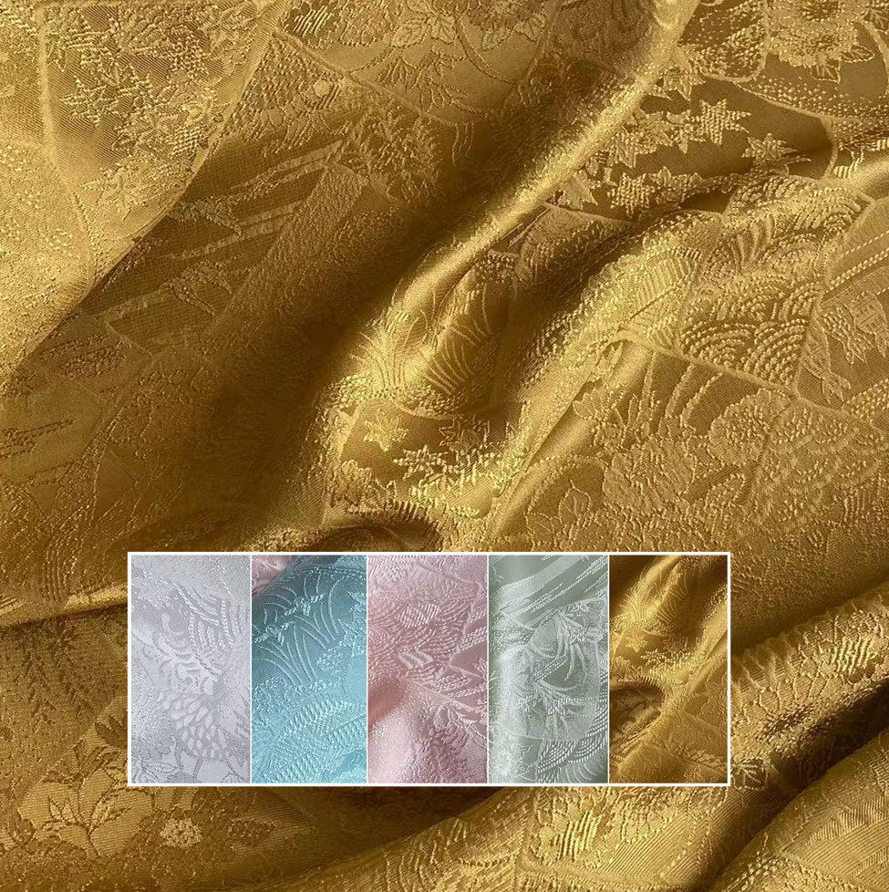 真丝冠乐绉暗花绸浮雕提花面料兰花图案旗袍汉服新中式绿色