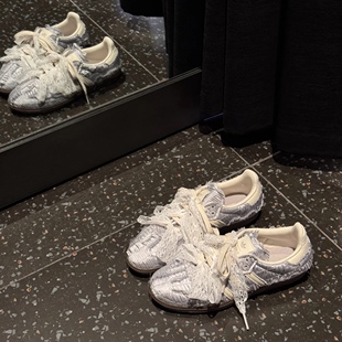 适配阿迪puma赛车鞋德训鞋白色蕾丝丝绸鞋带芭蕾风珍珠鞋扣配饰